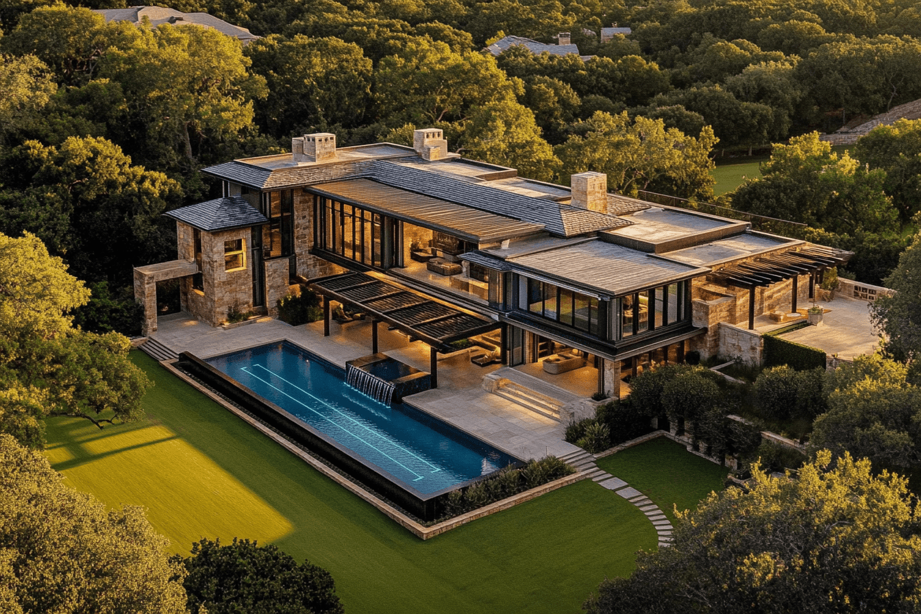 Aerial view of a modern luxury home with a large swimming pool and surrounded by lush greenery.